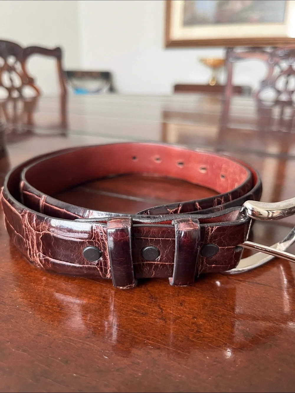 Men's American alligator Belt with Polished Silver Buckle